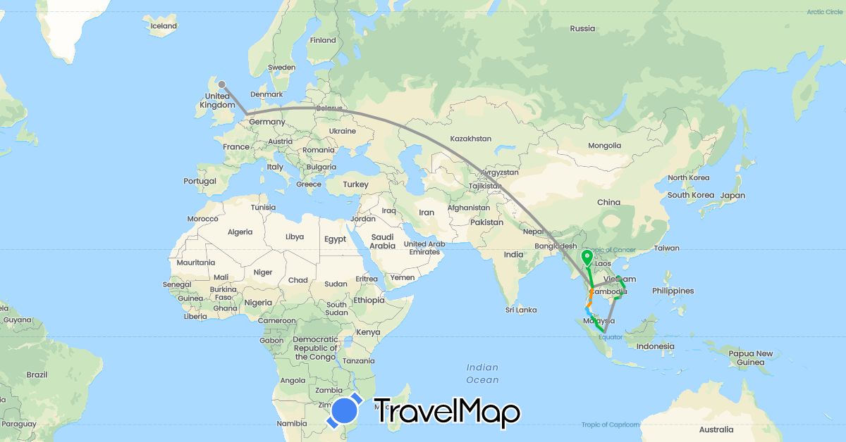 TravelMap itinerary: driving, bus, plane, boat, hitchhiking in United Kingdom, Malaysia, Netherlands, Singapore, Thailand, Vietnam (Asia, Europe)